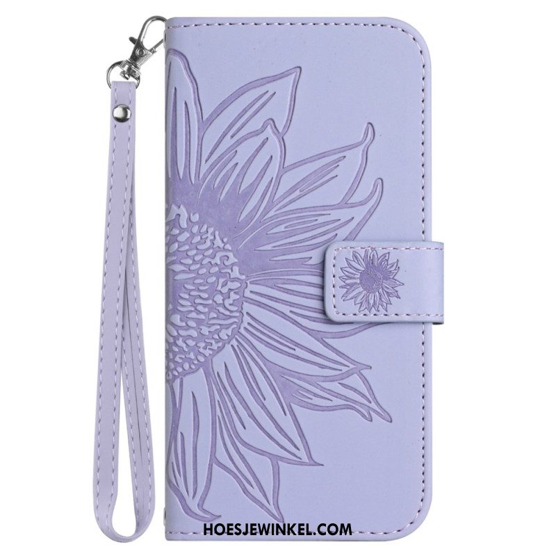 Leren Hoesje iPhone 16 Pro Zonnebloemprint Met Riempje Bescherming Hoesje