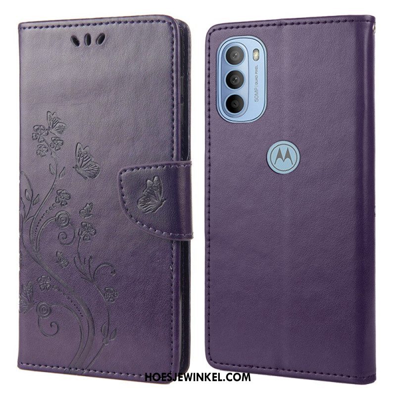 Leren Hoesje voor Moto G51 5G Met Ketting Prachtige Riemvlinders