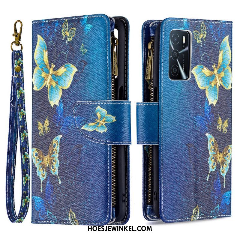 Leren Hoesje voor Oppo A16 / A16s Vlinders Zak Met Ritssluiting