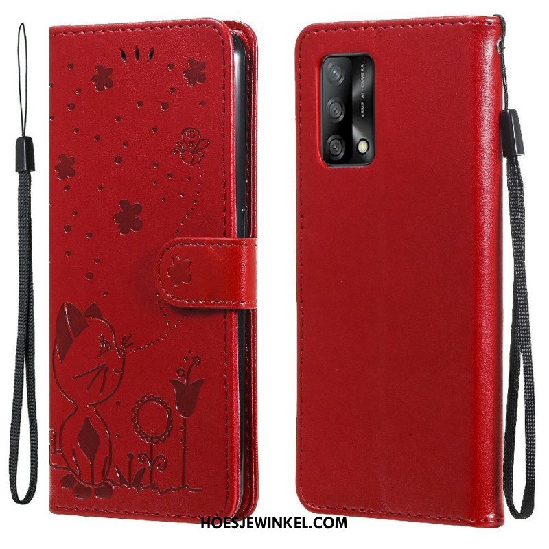 Leren Hoesje voor Oppo A74 4G Met Ketting Kat En Bij Met Lanyard