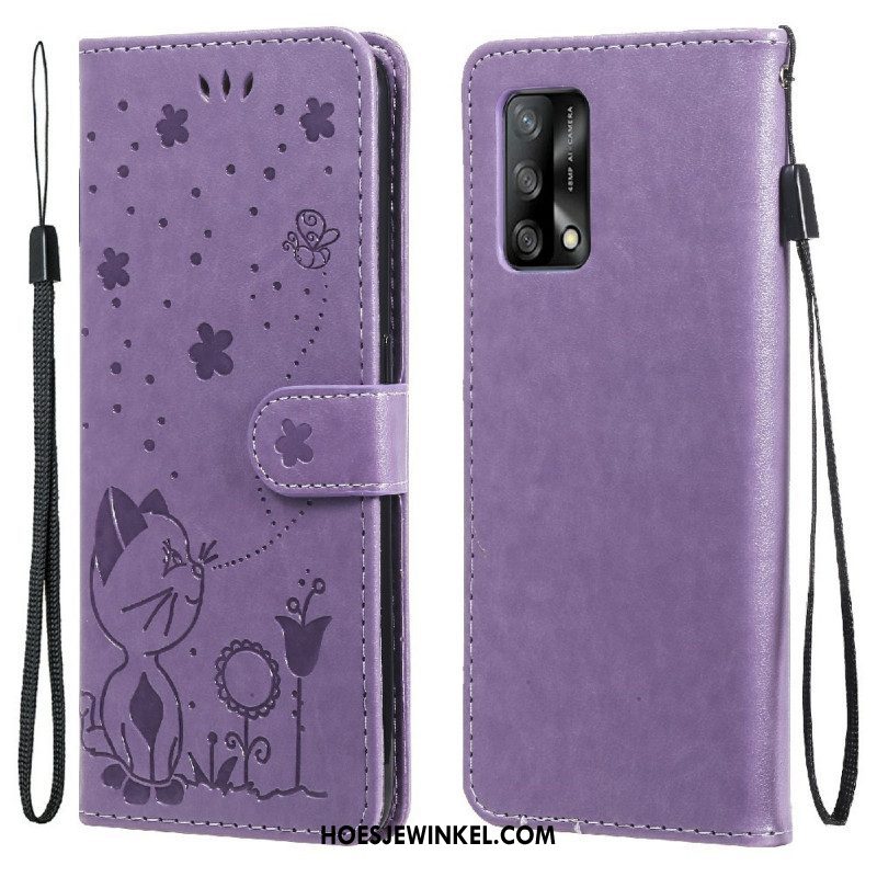 Leren Hoesje voor Oppo A74 4G Met Ketting Kat En Bij Met Lanyard