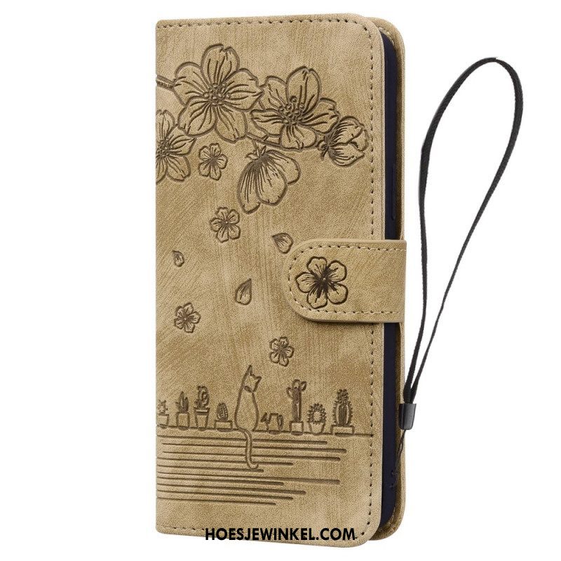 Leren Hoesje voor Samsung Galaxy A14 / A14 5G Met Ketting Bloemen String Kat