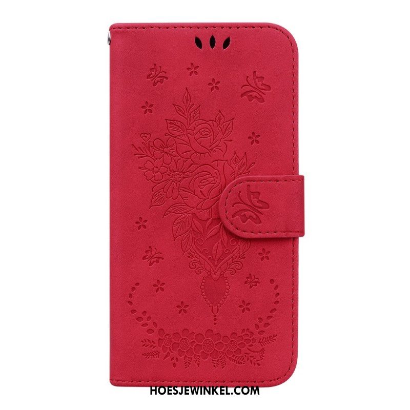 Leren Hoesje voor Samsung Galaxy A14 / A14 5G Met Ketting Strappy Rozen En Vlinders