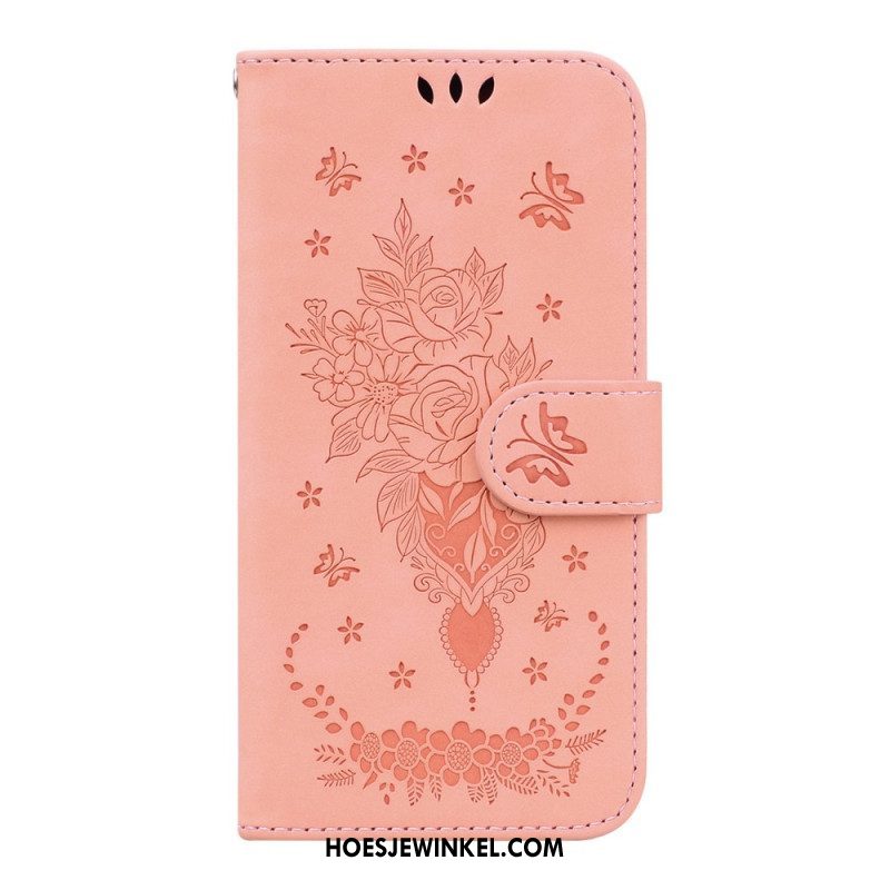 Leren Hoesje voor Samsung Galaxy A14 / A14 5G Met Ketting Strappy Rozen En Vlinders