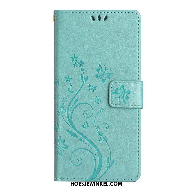 Leren Hoesje voor Samsung Galaxy A54 5G Met Ketting Bloemen En Vlinders Met Riem