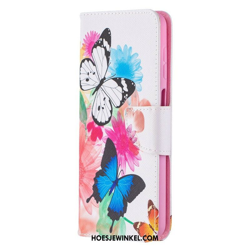 Leren Hoesje voor Samsung Galaxy M12 / A12 Geschilderde Vlinders En Bloemen