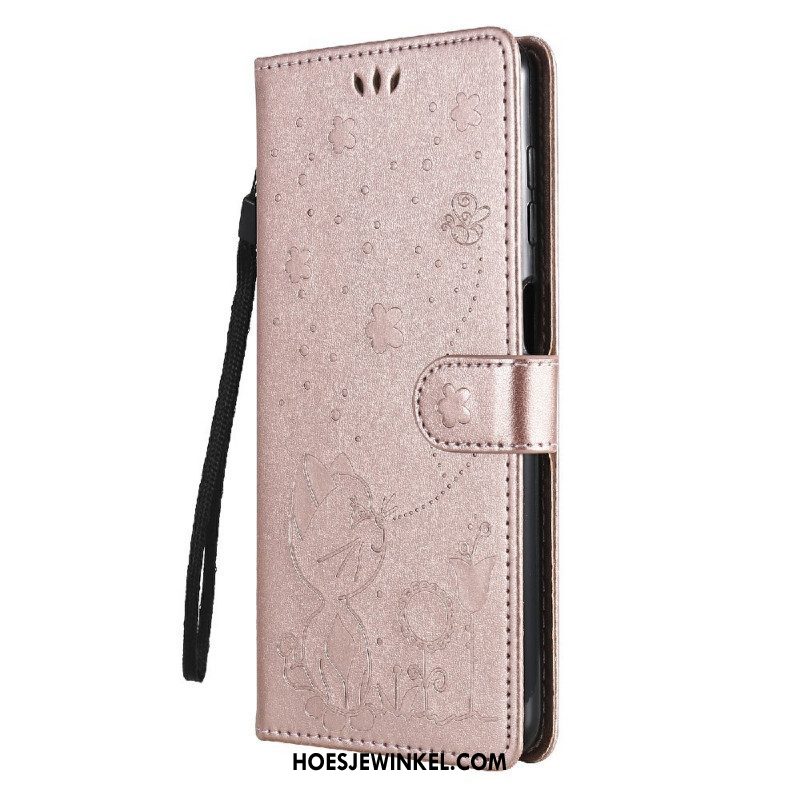 Leren Hoesje voor Samsung Galaxy M12 / A12 Met Ketting Kat En Bij Met Lanyard