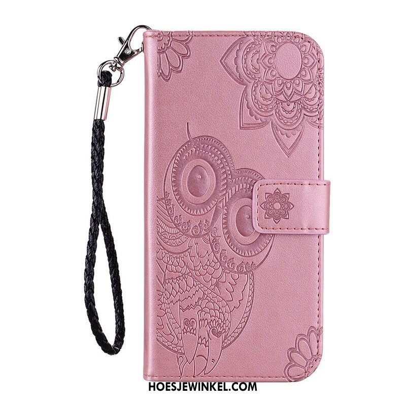 Leren Hoesje voor Samsung Galaxy S21 FE Uil Mandala En Lanyard