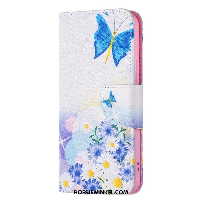 Leren Hoesje voor Samsung Galaxy S22 5G Geschilderde Vlinders En Bloemen