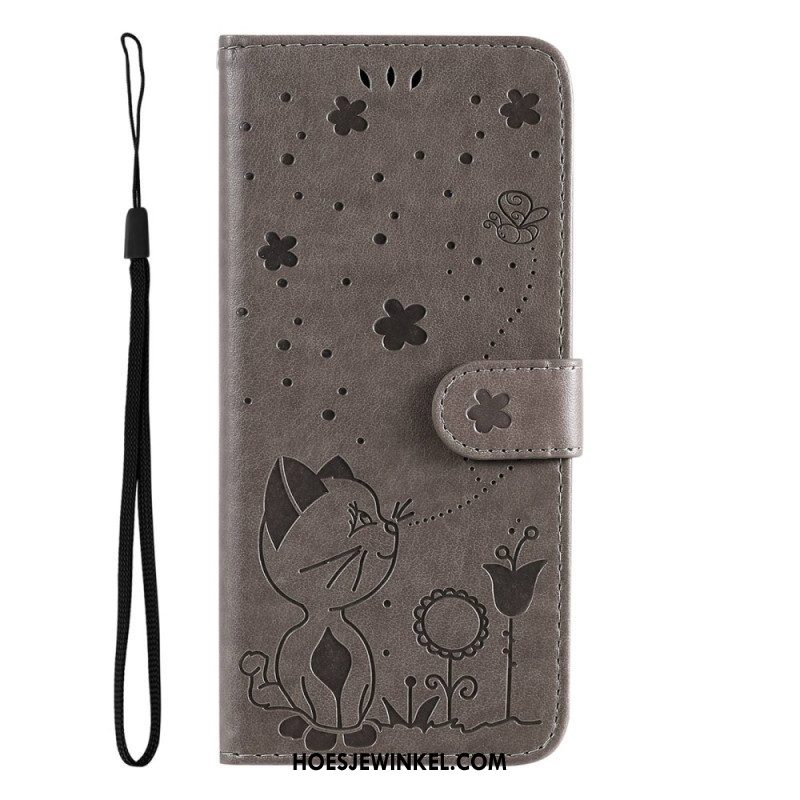 Leren Hoesje voor Samsung Galaxy S23 5G Met Ketting Strappy Kat En Bijen