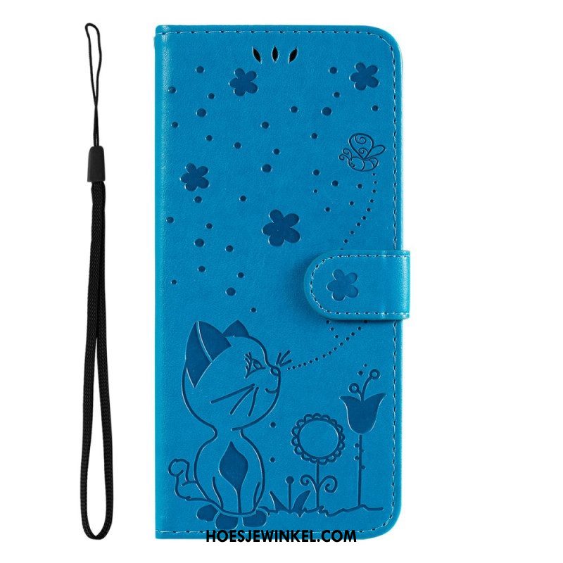 Leren Hoesje voor Samsung Galaxy S23 5G Met Ketting Strappy Kat En Bijen