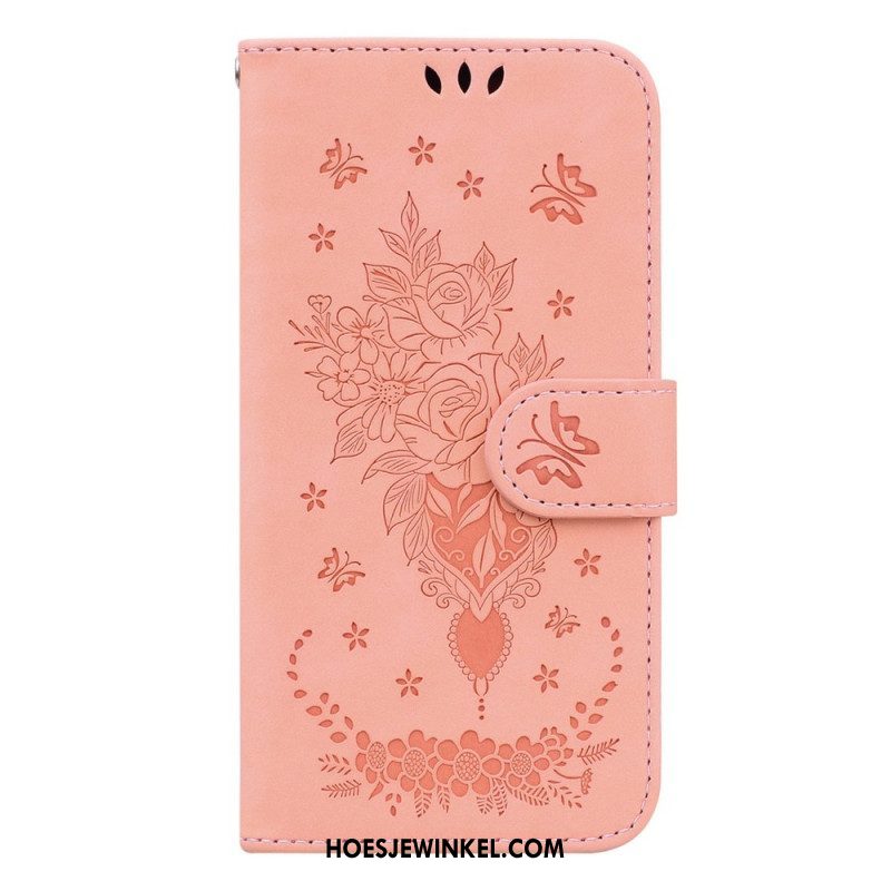 Leren Hoesje voor Samsung Galaxy S23 5G Met Ketting Strappy Rozen En Vlinders