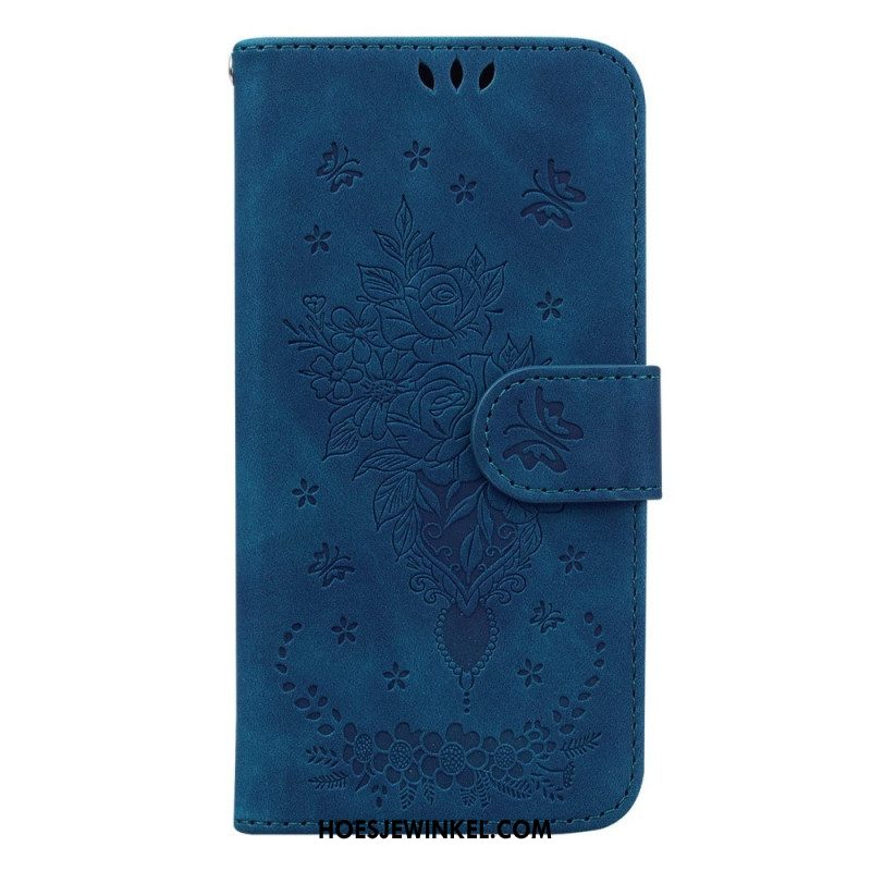 Leren Hoesje voor Samsung Galaxy S23 5G Met Ketting Strappy Rozen En Vlinders