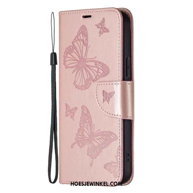 Leren Hoesje voor Samsung Galaxy S23 5G Met Ketting String Vlinders