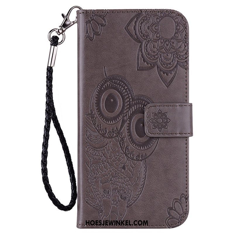 Leren Hoesje voor Samsung Galaxy S23 5G Uil Mandala En Lanyard