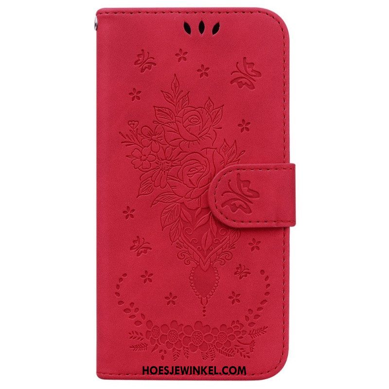 Leren Hoesje voor Xiaomi 12 / 12X Met Ketting Strappy Rozen En Vlinders