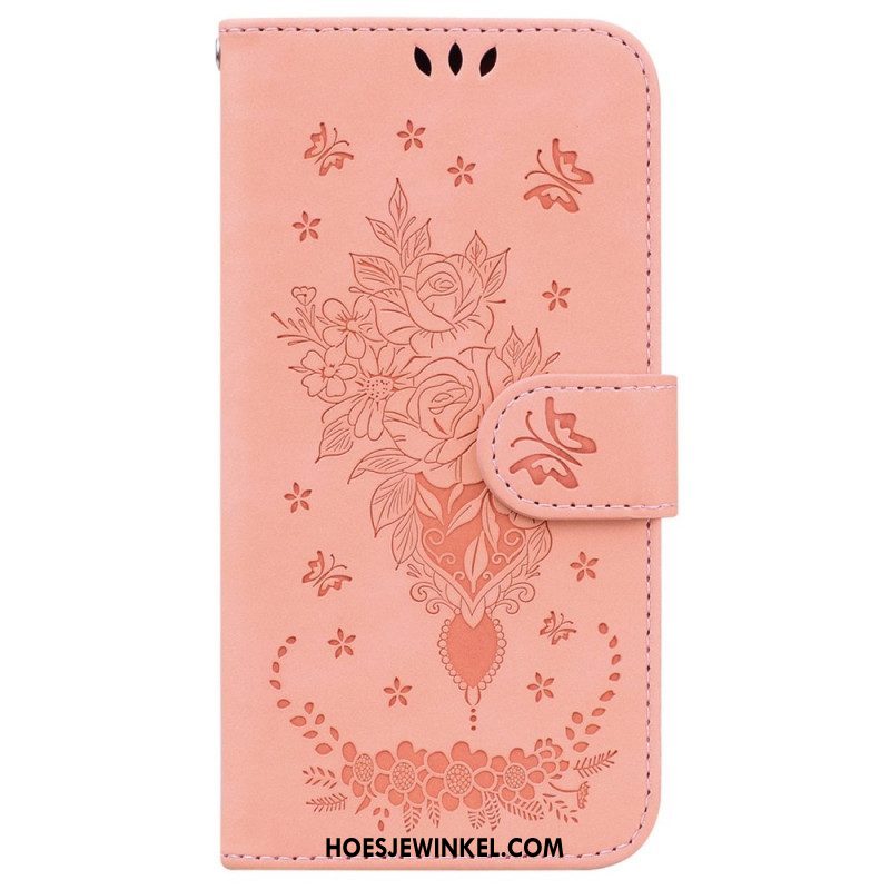 Leren Hoesje voor Xiaomi 12 / 12X Met Ketting Strappy Rozen En Vlinders