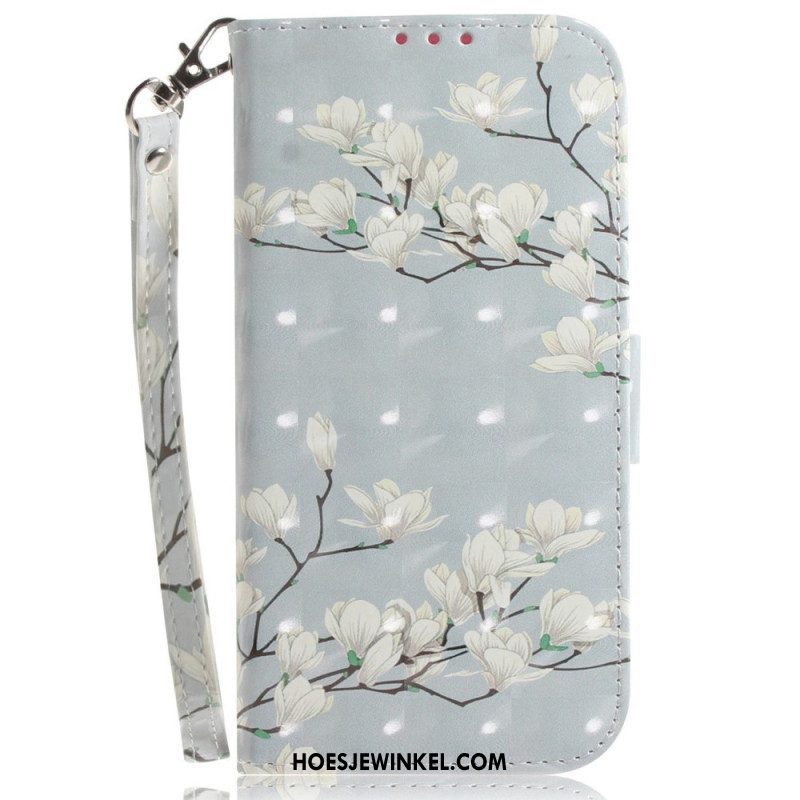 Leren Hoesje voor Xiaomi 12 / 12X Met Ketting Witte Bloemen Met Bandjes