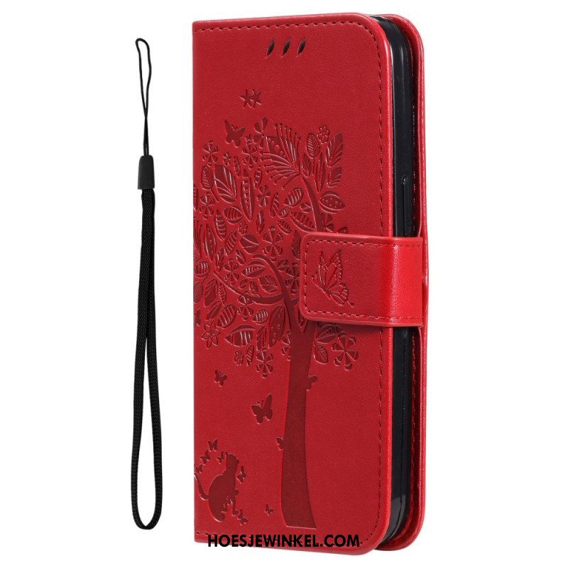 Leren Hoesje voor Xiaomi 12T / 12T Pro Met Ketting Kat Onder De String Tree