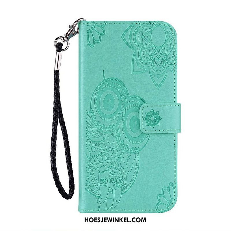 Leren Hoesje voor Xiaomi Redmi Note 10 / 10S Uil Mandala En Lanyard