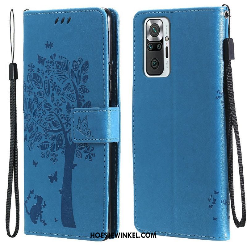 Leren Hoesje voor Xiaomi Redmi Note 10 Pro Met Ketting Boom En Strappy Cat