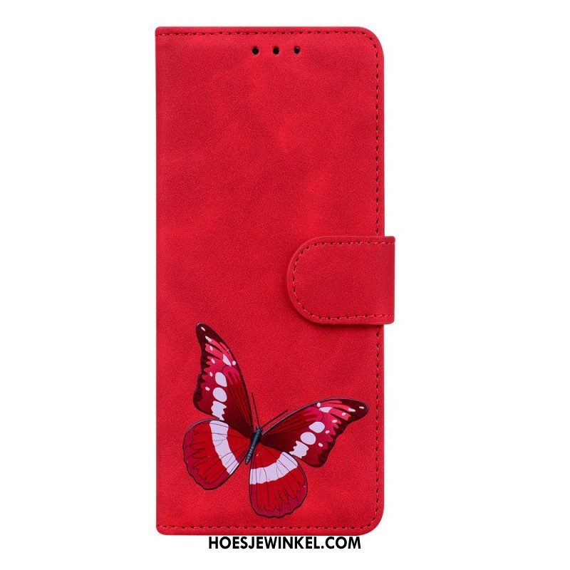 Leren Hoesje voor Xiaomi Redmi Note 11 / 11S Huid-aanraking Vlinder