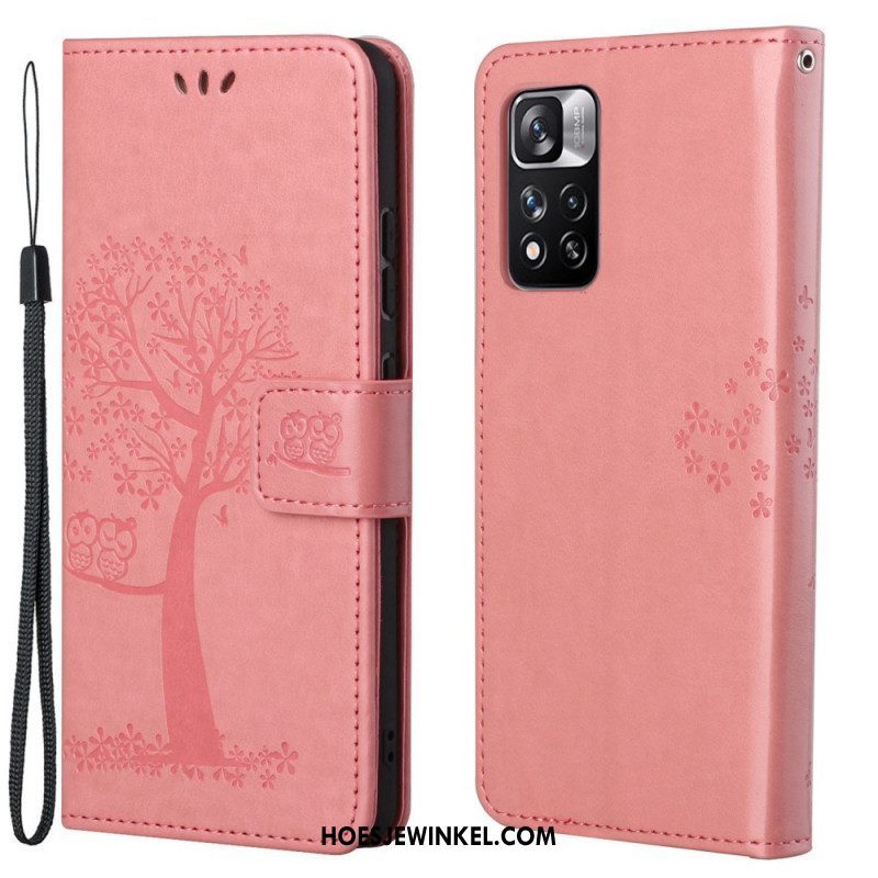 Leren Hoesje voor Xiaomi Redmi Note 11 Pro / 11 Pro 5G Met Ketting String Boom En Uilen