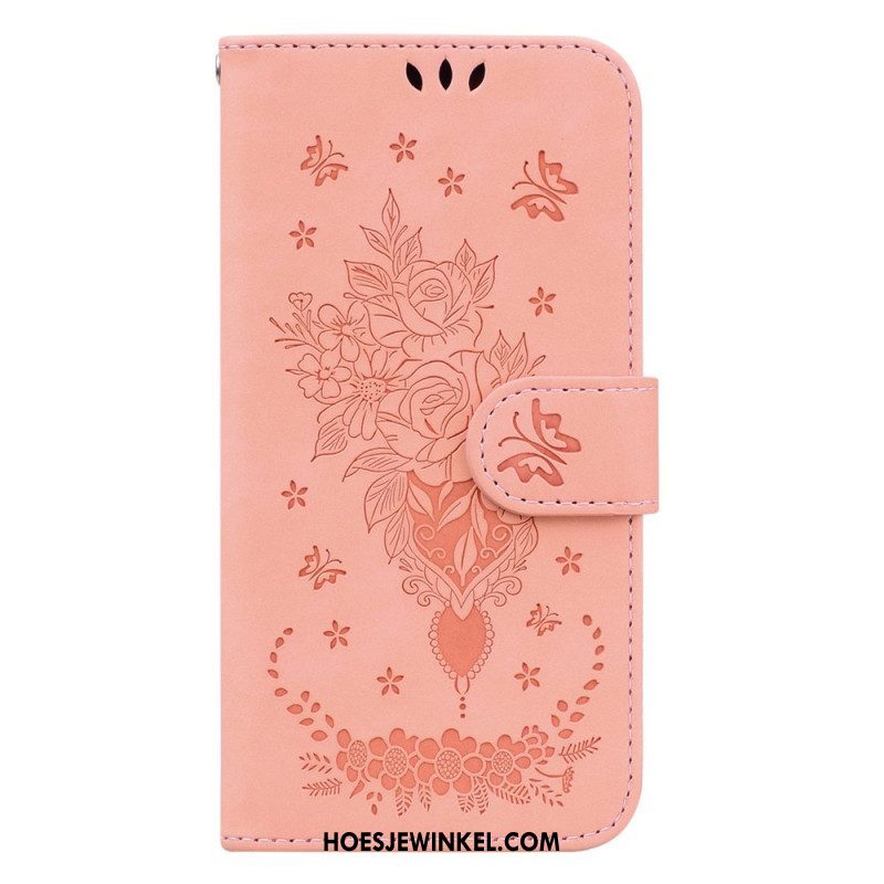 Leren Hoesje voor Xiaomi Redmi Note 12 4G Met Ketting Strappy Rozen En Vlinders