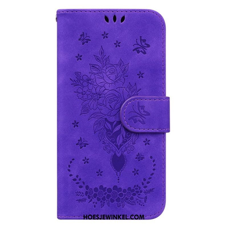 Leren Hoesje voor Xiaomi Redmi Note 12 4G Met Ketting Strappy Rozen En Vlinders