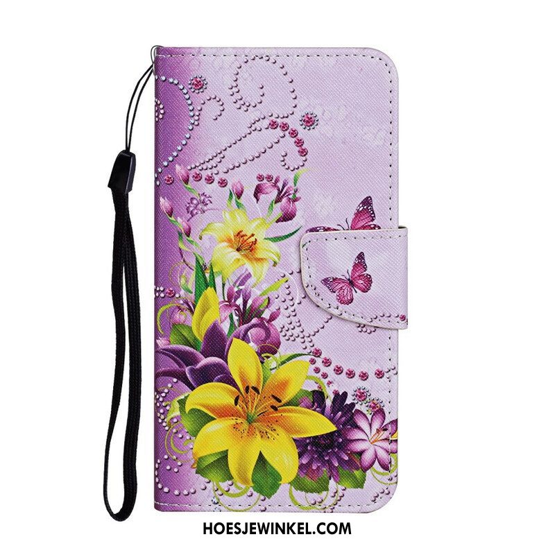 Leren Hoesje voor iPhone 13 Pro Meesterlijke Bloemen Met Riem