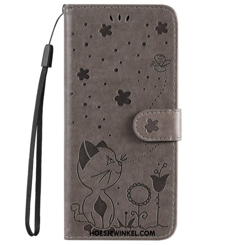 Leren Hoesje voor iPhone 14 Pro Max Met Ketting Strappy Kat En Bijen