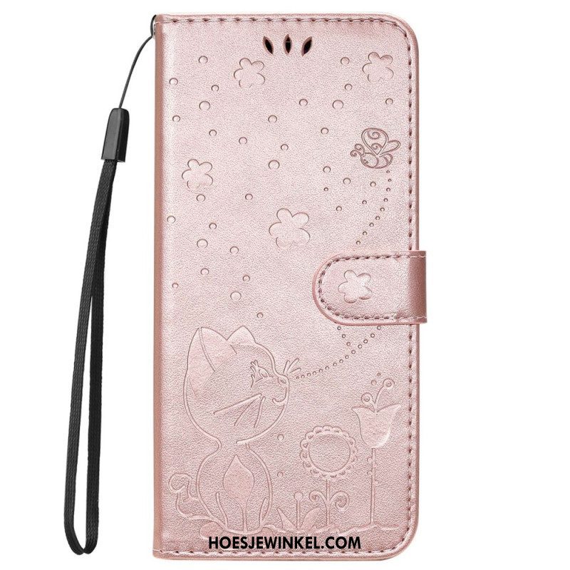 Leren Hoesje voor iPhone 14 Pro Max Met Ketting Strappy Kat En Bijen