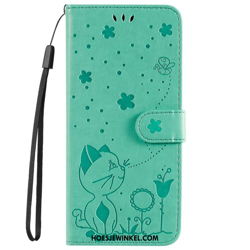 Leren Hoesje voor iPhone 14 Pro Max Met Ketting Strappy Kat En Bijen