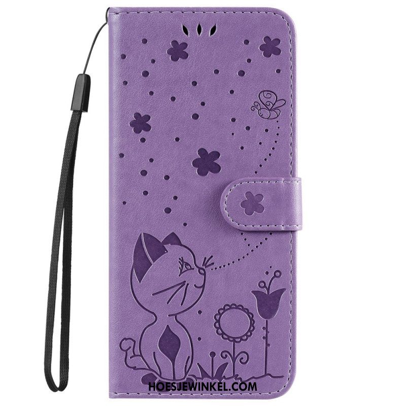 Leren Hoesje voor iPhone 14 Pro Max Met Ketting Strappy Kat En Bijen