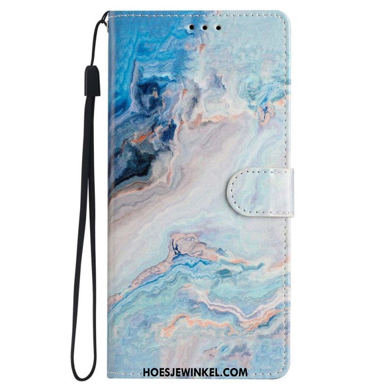 Leren Hoesje voor iPhone 15 Met Ketting Decoratief Marmer Met Riempje