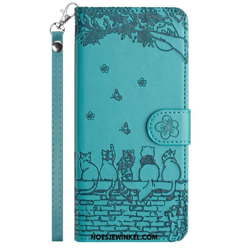 Leren Hoesje voor iPhone 15 Plus Met Ketting Bloemenkat Met Riem