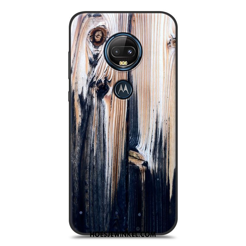 Moto G7 Plus Hoesje Houtnerf Bescherming Hoes, Moto G7 Plus Hoesje Scheppend Eenvoudige Braun