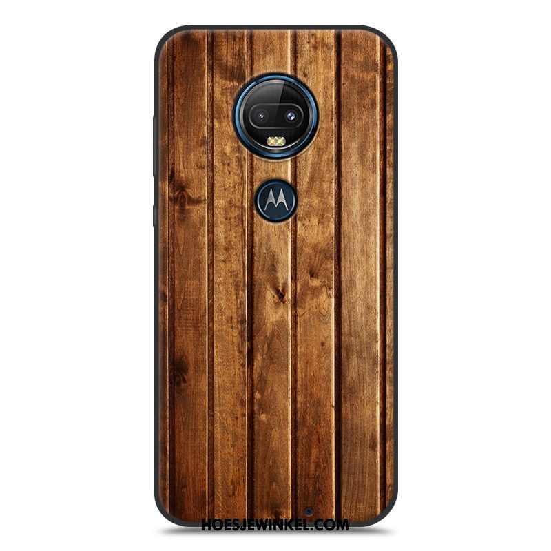 Moto G7 Plus Hoesje Houtnerf Bescherming Hoes, Moto G7 Plus Hoesje Scheppend Eenvoudige Braun