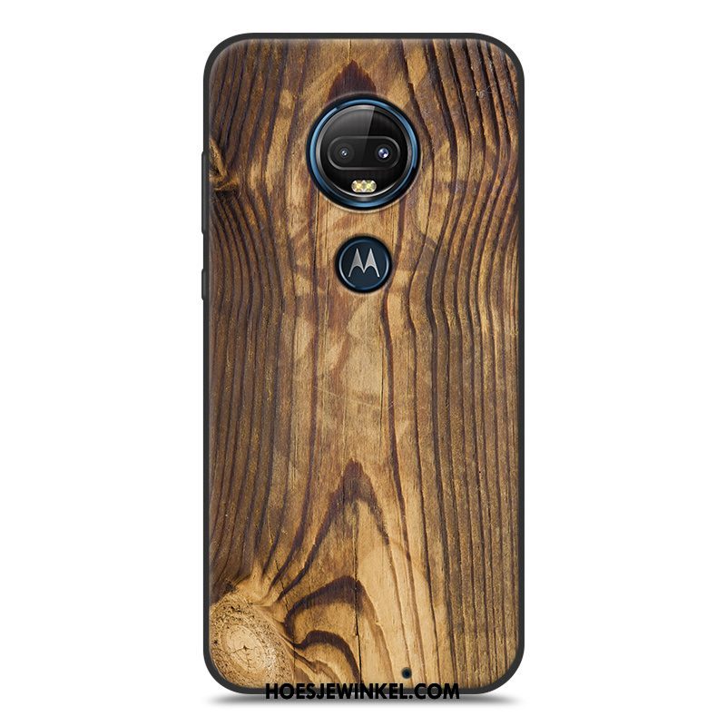 Moto G7 Plus Hoesje Houtnerf Bescherming Hoes, Moto G7 Plus Hoesje Scheppend Eenvoudige Braun