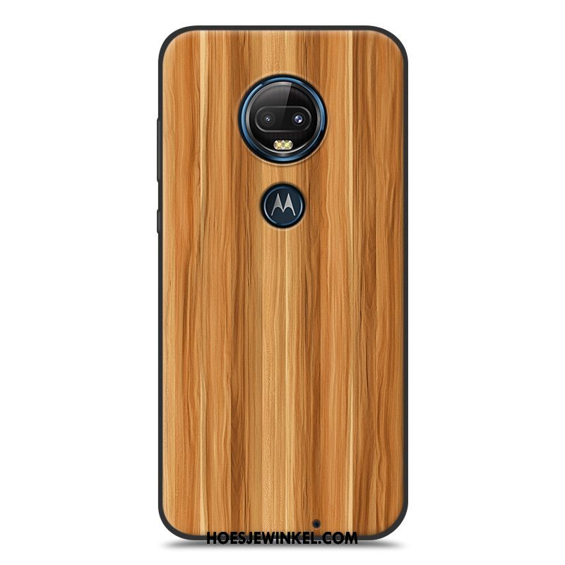 Moto G7 Plus Hoesje Houtnerf Bescherming Hoes, Moto G7 Plus Hoesje Scheppend Eenvoudige Braun