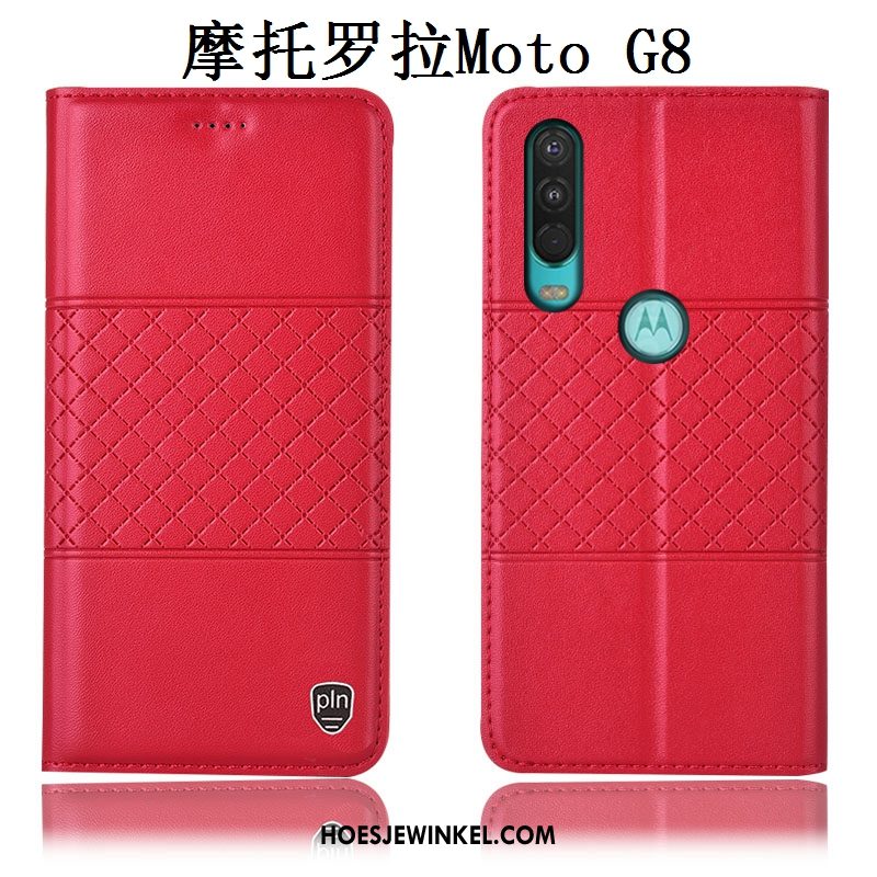 Moto G8 Hoesje Bescherming Anti-fall Echt Leer, Moto G8 Hoesje Rood Hoes