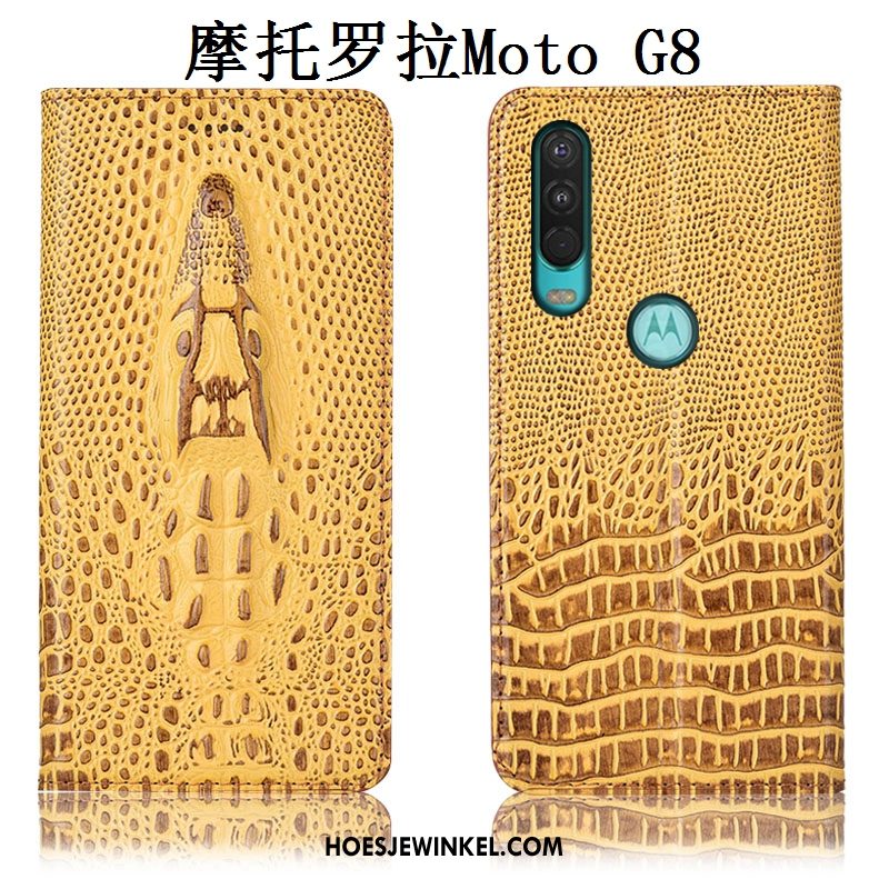 Moto G8 Hoesje Echt Leer Hoes Geel, Moto G8 Hoesje All Inclusive Mobiele Telefoon