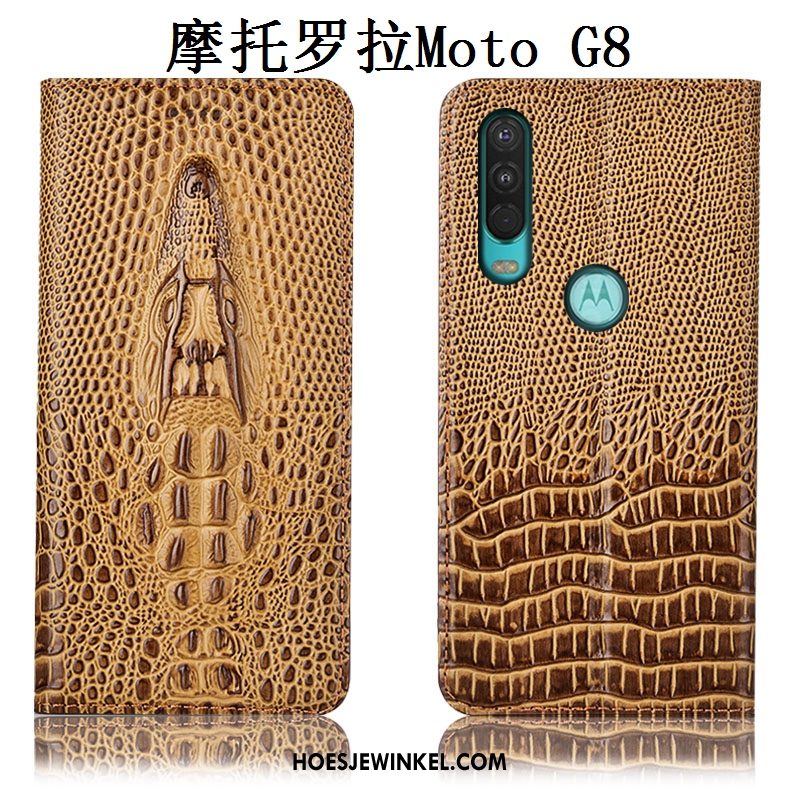 Moto G8 Hoesje Echt Leer Hoes Geel, Moto G8 Hoesje All Inclusive Mobiele Telefoon