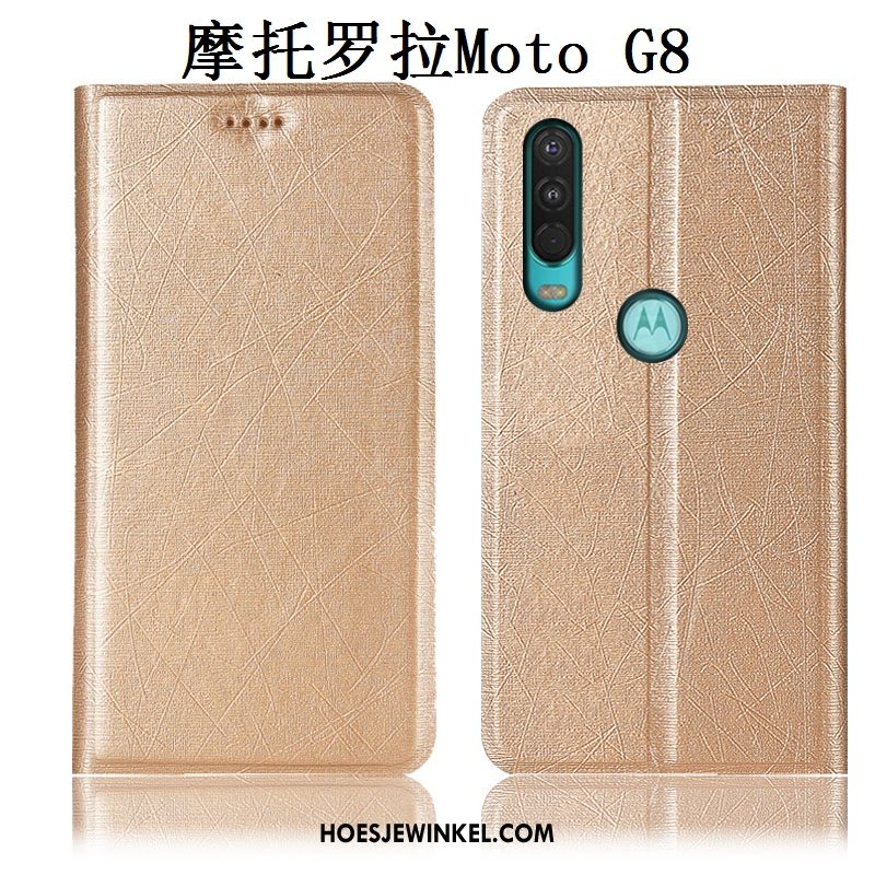 Moto G8 Hoesje Zijde Leren Etui Hoes, Moto G8 Hoesje Goud Mobiele Telefoon