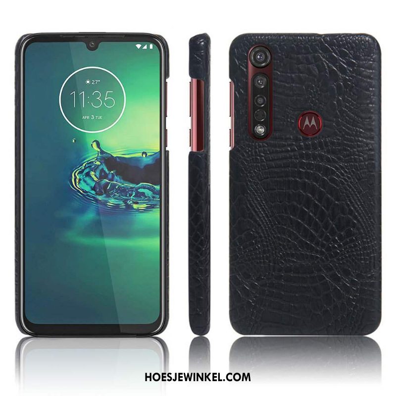 Moto G8 Plus Hoesje Dun Bescherming Leer, Moto G8 Plus Hoesje Zwart Schrobben