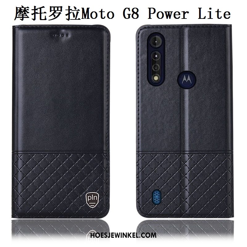 Moto G8 Power Lite Hoesje Echt Leer Leren Etui Mobiele Telefoon, Moto G8 Power Lite Hoesje Blauw Anti-fall