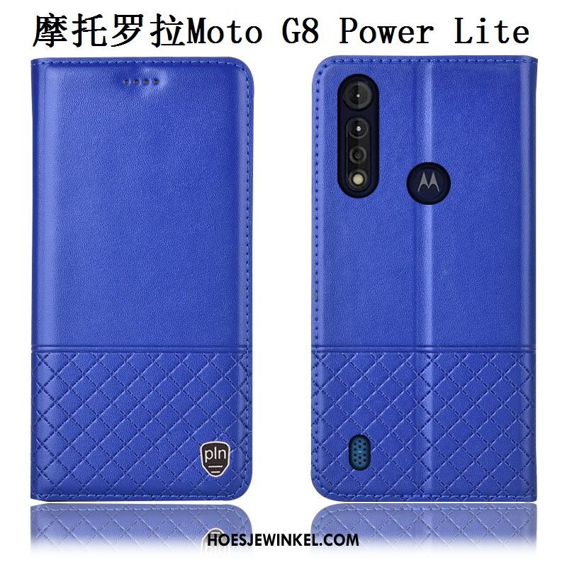 Moto G8 Power Lite Hoesje Echt Leer Leren Etui Mobiele Telefoon, Moto G8 Power Lite Hoesje Blauw Anti-fall