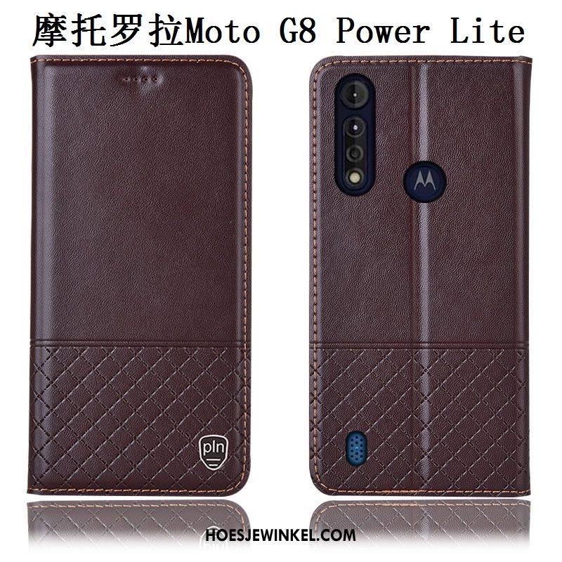 Moto G8 Power Lite Hoesje Echt Leer Leren Etui Mobiele Telefoon, Moto G8 Power Lite Hoesje Blauw Anti-fall