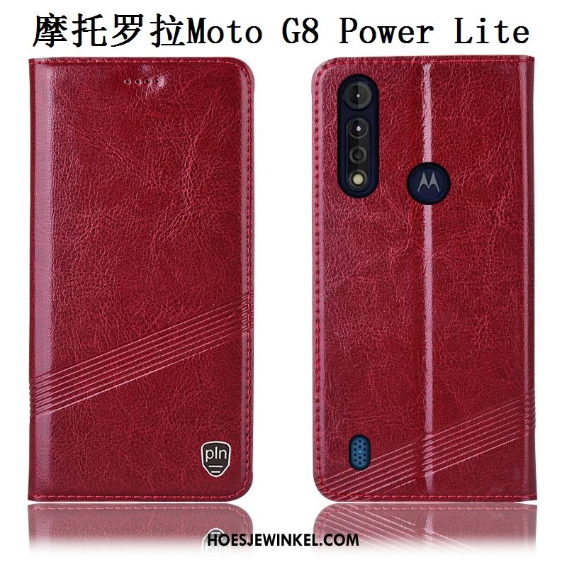 Moto G8 Power Lite Hoesje Echt Leer Patroon Bescherming, Moto G8 Power Lite Hoesje Zwart Mobiele Telefoon