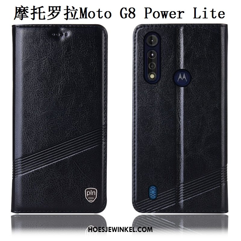 Moto G8 Power Lite Hoesje Echt Leer Patroon Bescherming, Moto G8 Power Lite Hoesje Zwart Mobiele Telefoon